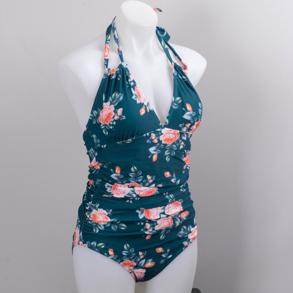 NWT Green Floral Halter One-Piece - medium